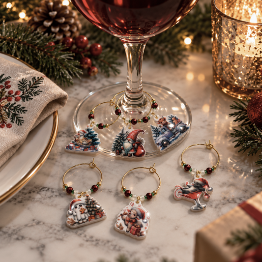 LaJoie de l'Art - Holiday Christmas Wine Glass Charms Vintage Style | Party Drink Markers (Set of 6)