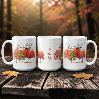 LaJoie de l’Art – Salut l'automne | Tasse à café motif feuilles et arbres avec nom personnalisé en option (11 oz, 14 oz, 15 oz)