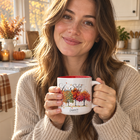 LaJoie de l'Art - Hello Fall | Autumn Ceramic Coffee Mug Colored Leaves and Trees Design with Optional Custom Name (11 oz, 14oz, 15oz))
