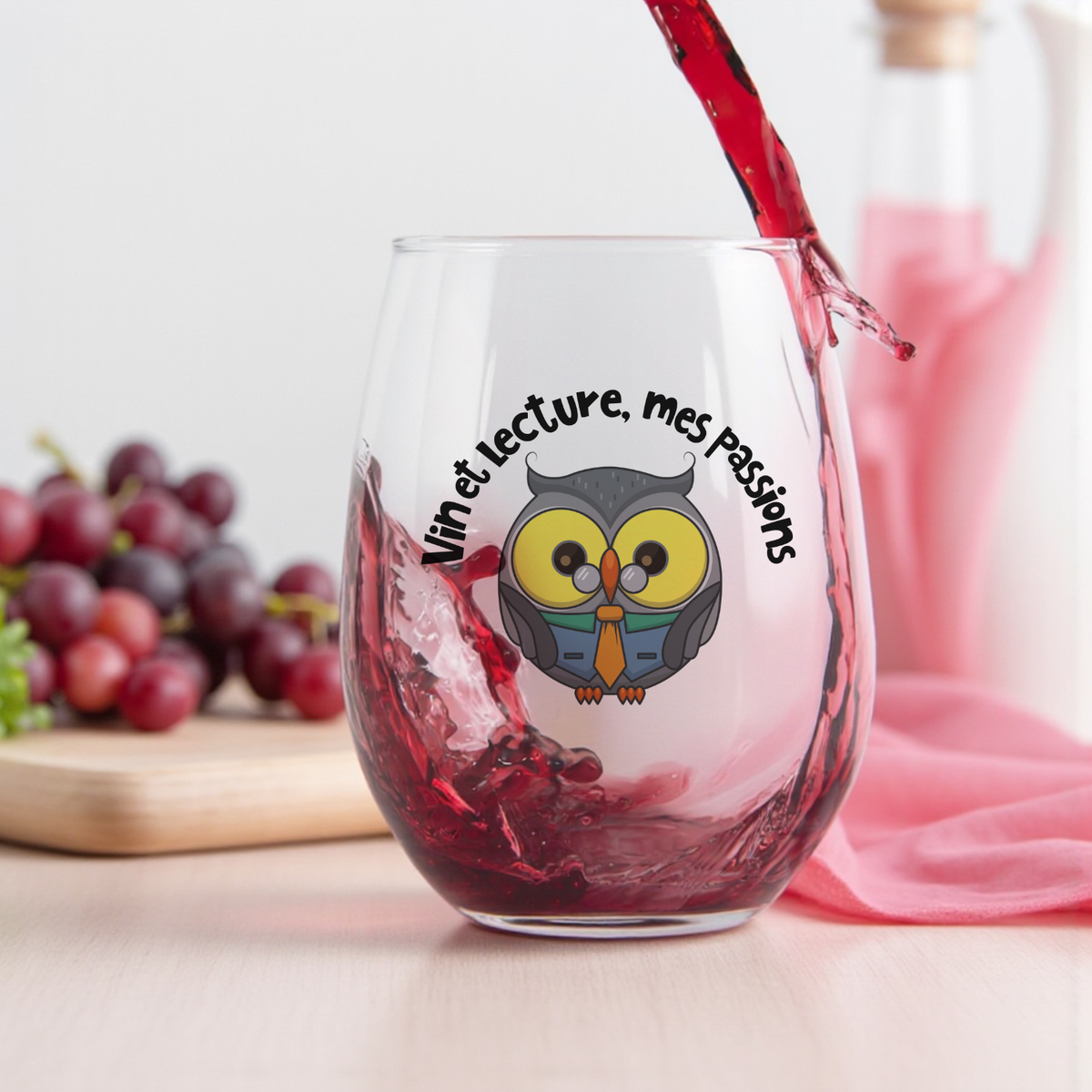 LaJoie de l’Art – Vin et lecture, mes passions | Verre à vin ou à bière avec hibou et nom personnalisé en option