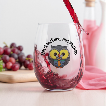 LaJoie de l’Art – Vin et lecture, mes passions | Verre à vin ou à bière avec hibou et nom personnalisé en option